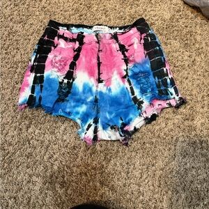Vibrant Distressed Juniors Tie-Dye Jean Shorts - Pink, Blue, and Black